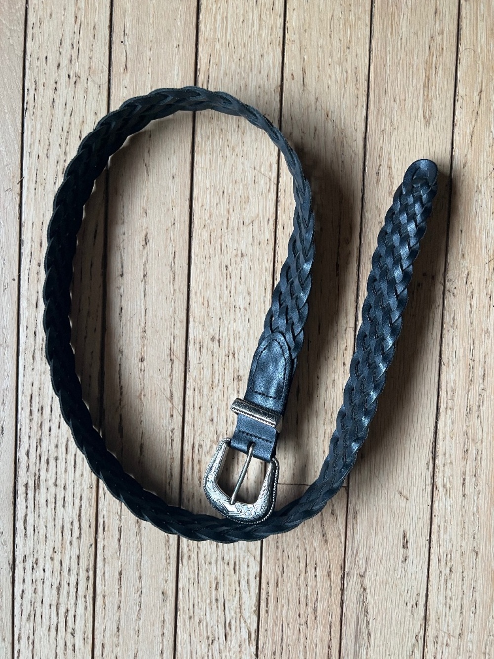 Vintage Black Braided Genuine Leather Western Belt Silver Ornate Buckle Size M/L